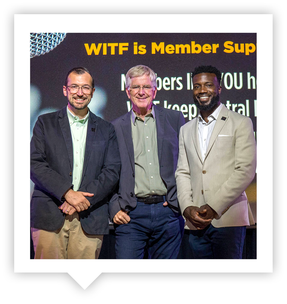 WITF's Fred Vigeant (left) and Blake Lynch (Right) with Rick Steves (middle)